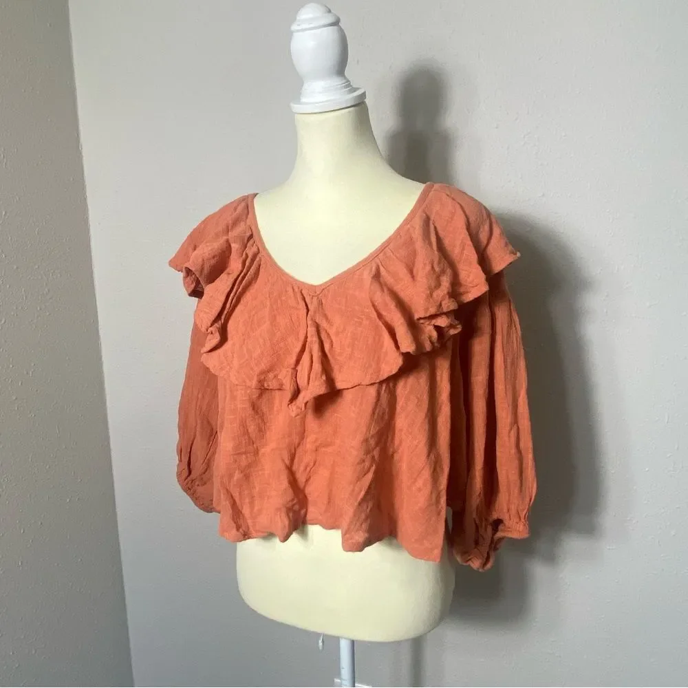 Free People Zuri Ruffle Open Back Cotton Blouse Ginger Spice Women's Size Small